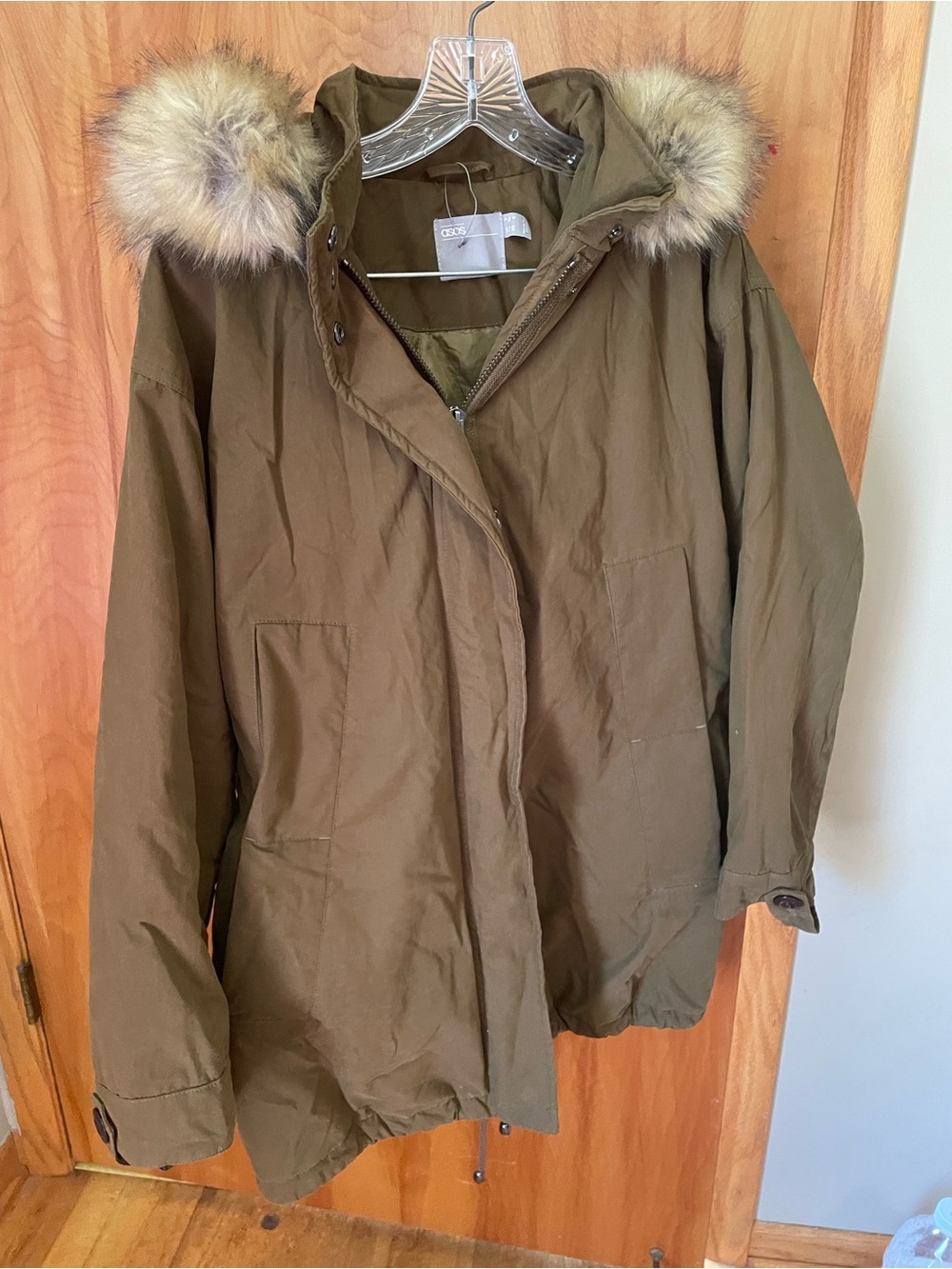 ASOS Olive Green Puffer Parka with Faux Fur Trim